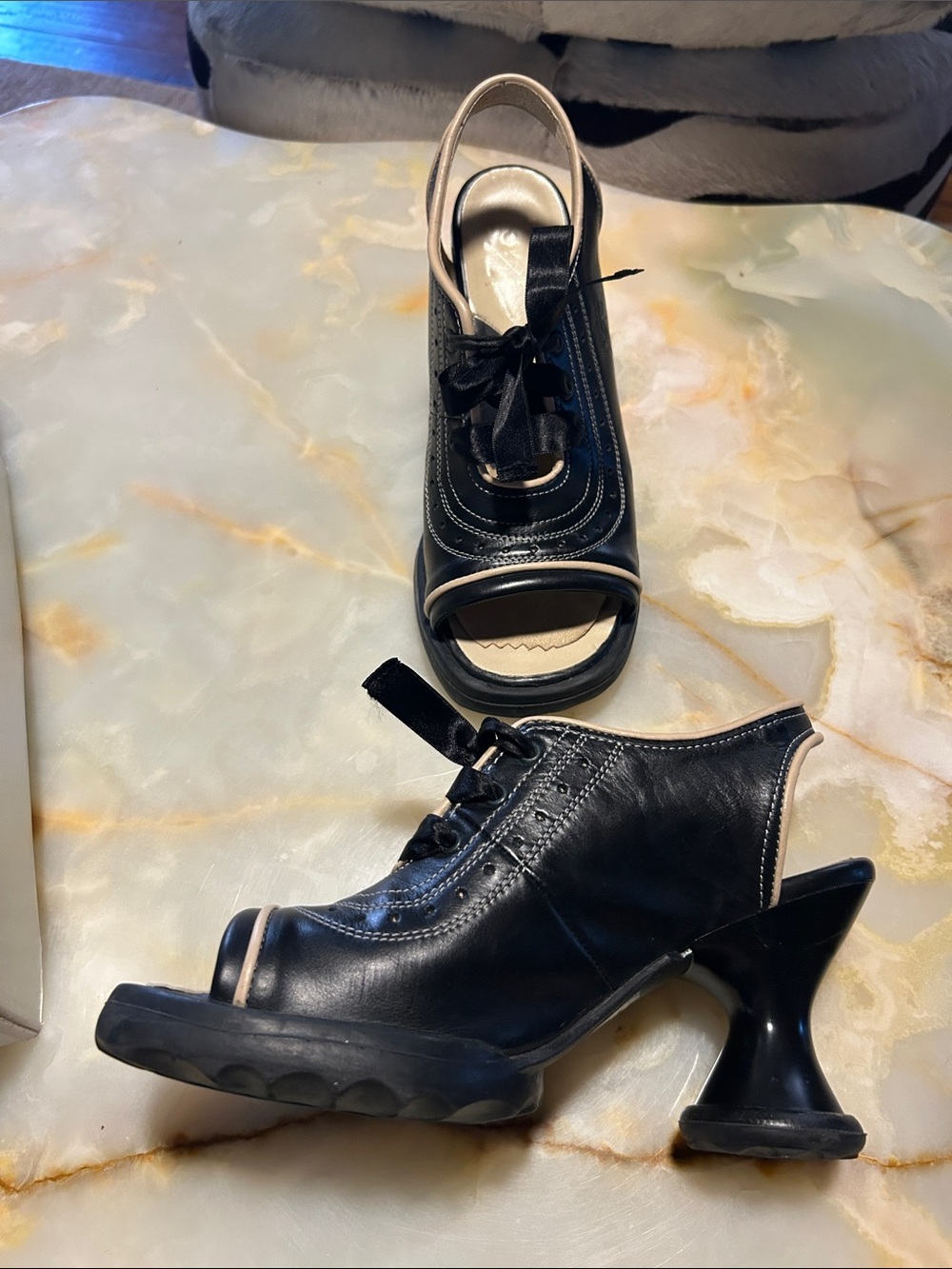 John Fluevog Black Heeled Peep-Toe Lace-Up Sandals with Cream Trim